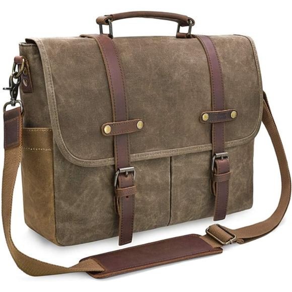 Men's Messenger Bag Waterproof Vintage Genuine Leather Waxed Canvas Briefcase